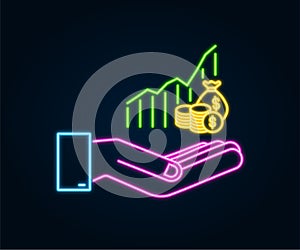 Profit money or budget neon icon in hands. Cash and rising graph arrow up, concept of business success. Capital earnings