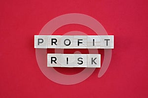 `Profit Risk` word on wood block with red background flat lay concept