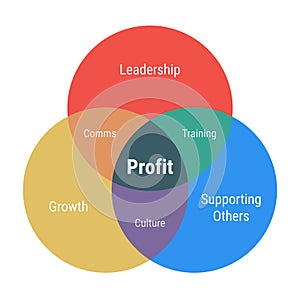 Profit venn diagram with 3 overlapping circles. Growth, leadership and supporting others. Comms, culture and training. Flat design photo