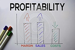 Profitability text with keywords isolated on white board background. Chart or mechanism concept