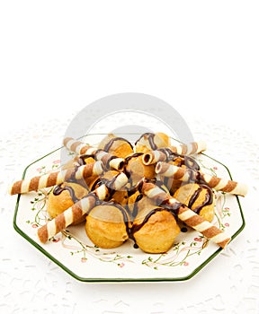Profiteroles with chocolate waffles