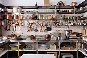 profusion of kitchen gadgets and utensils on shelves and counters