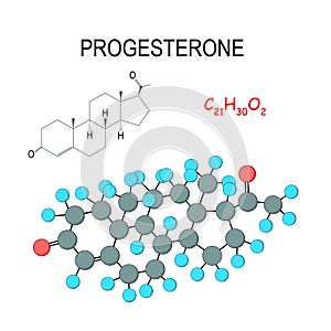 Progesterone. Chemical structural formula and model of molecule. C21H30O2