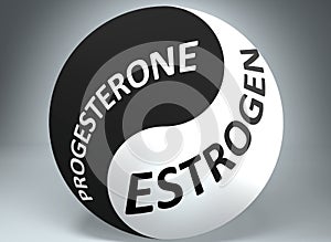 Progesterone and estrogen in balance - pictured as words Progesterone, estrogen and yin yang symbol, to show harmony between
