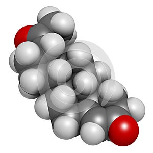 Progesterone female sex hormone molecule. Plays role in menstrual cycle and pregnancy. Atoms are represented as spheres with