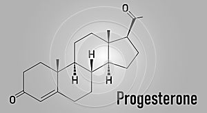 Progesterone female sex hormone molecule. Plays role in menstrual cycle and pregnancy. Skeletal formula.