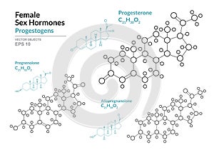 Progesterone, Pregnenolone, Allopregnanolone. Female Sex Hormones. Structural Chemical Formula and Molecule Model. Line Design.