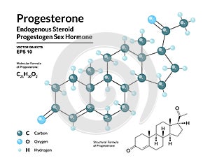 Progesterone. Progestogen Sex Hormone. Endogenous Steroid. Structural Chemical Molecular Formula and 3d Model