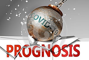 Prognosis and coronavirus, symbolized by the virus destroying word Prognosis to picture that covid-19  affects Prognosis and leads