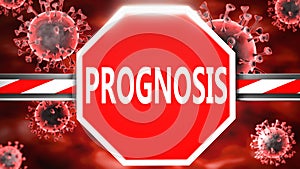 Prognosis and Covid-19, symbolized by a stop sign with word Prognosis and viruses to picture that Prognosis is related to the