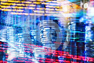 Program code with coins and technology background