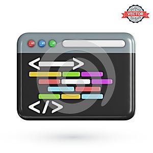 Program code development icon. Web coding or website programming concept. Web browser window or IDE application with a dark theme