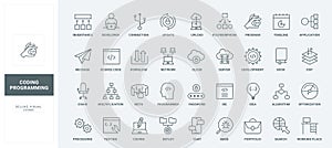 Program code development line icons set, workflow and tools of programmer, algorithm