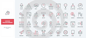 Program code development line icons set, workflow and tools of programmer, algorithm