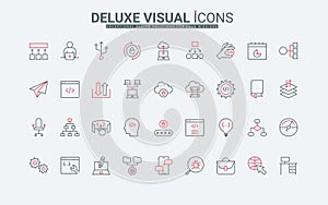 Program code development, software testing and application optimization line icons set