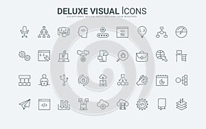 Program code development, software testing and application optimization line icons set