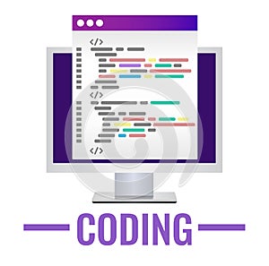 Program code icon in flat style. Personal computer with a code page.