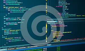 Program code Javascript, HTML, CSS of site. Web development. Programmer workflow. Source code script