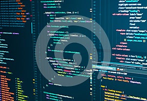 Program code Javascript, PHP, HTML, CSS of site. Web development. Programmer workflow. Source code script