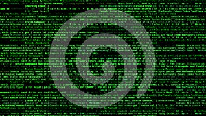 Program code of matrix on black background. Animation. Green text from set of codes providing matrix database. Large