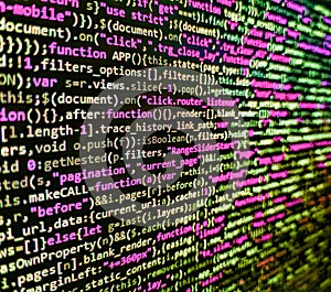 Program code PHP HTML CSS of site. Php language and coding function developer. Software developer programming code on computer.