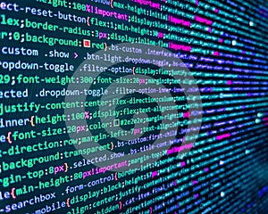 Program code PHP HTML CSS of site. Programming code abstract screen of software developer. IT coding on monitor screen. Data