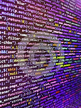 Program code PHP HTML CSS of site. Simple website HTML code with colorful tags in browser view on dark background. Software