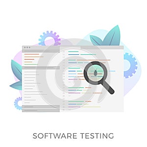 Program code screen with debugging development process. Testing IT software application and bug fixing concept