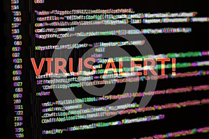 Program code with virus alert. Glitch effect added