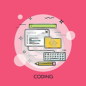 Program code window, keyboard, pencil, ruler and folder.