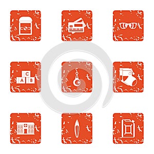 Program of development child icons set, grunge style