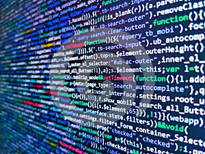 Program development concept. Laptop screen show abstract computer programming code script. Close up of computer web page code