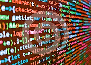 Program development concept. Website and application development. Real software development code. Blue color. Software developer