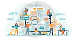 Program development team. Web or software developers, programmer and coding engineer work in group. IT-specialists write code