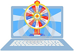 Program for gambling and virtual casino on laptop screen. Wheel of fortune, game of chance symbol