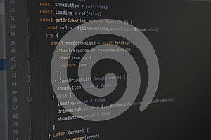 The program javascript code on the computer black screen. The concept of website, internet, cyber security, hacking and software