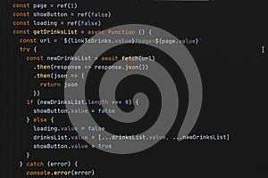 The program javascript code on the computer black screen. The concept of website, internet, cyber security, hacking and software