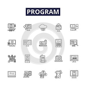 Program line vector icons and signs. Script, Compile, Run, Execute, Process, Logic, Programmer, Machine outline vector photo