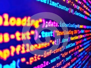 Program source code on monitor screen. Computer program, software background. Hi-tech modern screen of data, digits and chars on