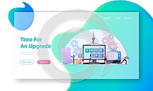 Program Upgrading Landing Page Template. Tiny Characters at Huge Computer Monitor with App Buttons Upgrade