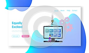 Program Upgrading Landing Page Template. Tiny Female Character at Huge Computer Desktop Touching App Buttons