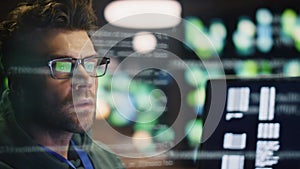 IT programer checking computer code data hologram closeup. Engineer man working