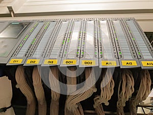 programmable logic controller PLC from which a loop of wires. automation of production processes, selective focusin