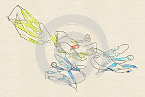 Programmed cell death 1 (PD-1, CD279, blue sheets) immune checkpoint protein bound to programmed death-ligand 1 (PD-L1, green