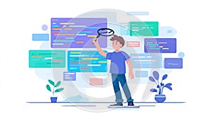 Programmer Analyzing Code with Magnifying Glass, Coding Concept, Software Development