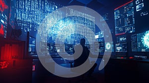 A programmer analyzing data in a high-tech control room with glowing screens at night