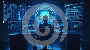 Programmer analyzing global network data on multiple computer screens displaying futuristic interface