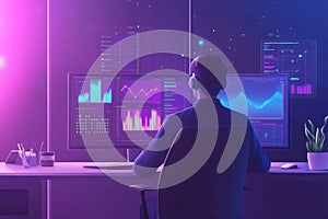 Programmer analyzing graphs and code on multiple computer screens in futuristic office