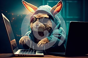 Programmer Bunny with laptop. Generative Ai