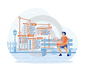 programmer cartoon character developing website, coding.